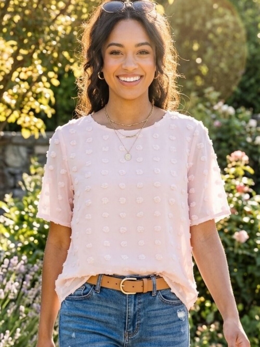 Very Pale Light Pink Textured Short-Sleeve Women's Top